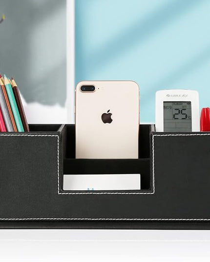 KINGFOM Office Supplies Desk Organizer PU Leather Storage Box 4 Divided Compartments for Pen Business Card Remote Control Mobile Phone Cosmetics Collection Holder (Black)