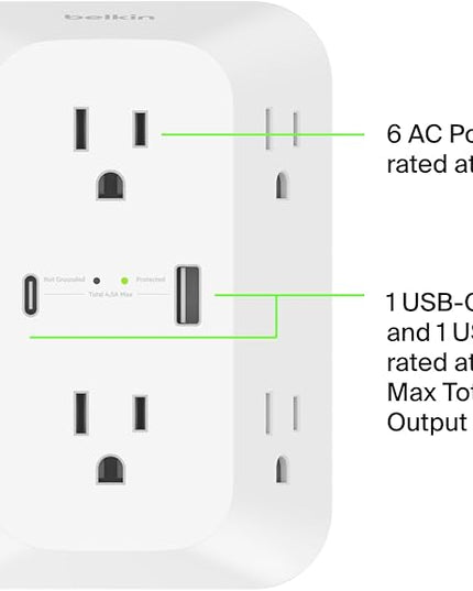 Belkin 6-Outlet Surge Protector Power Strip, ETL-listed, Wall-Mountable w/ 6 AC Outlets, Overvoltage Protection, LED Indicator, USB-C & USB-A Ports w/ USB-C PD Fast Charge - 1,680 Joules of Protection