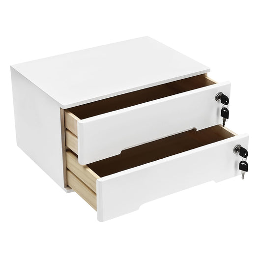 ZERNEIL 2-Tier Wooden Desktop Storage Box with Lockable Drawers, Flat File Cabinet Small Wooden Box Organizer for Office Supplies Installation-free, 15.75×11×8.66in (White)