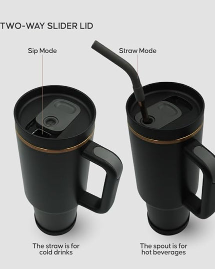 40oz Travel Tumbler Cup with Handle, Two-Way Slider Lid, Stainless Steel Straw with Silicone Tip, Vacuum Insulated Water Bottle for Hot & Cold Drinks, Great Gifts for Mom (Black Gold)