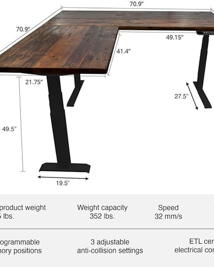 Stand Up Desk Store Reclaimed Wood Electric L-Shaped Corner Standing Desk with EZ Assemble Frame (Black Frame/Reclaimed Natural Fir Top, 71" W x 71" D)
