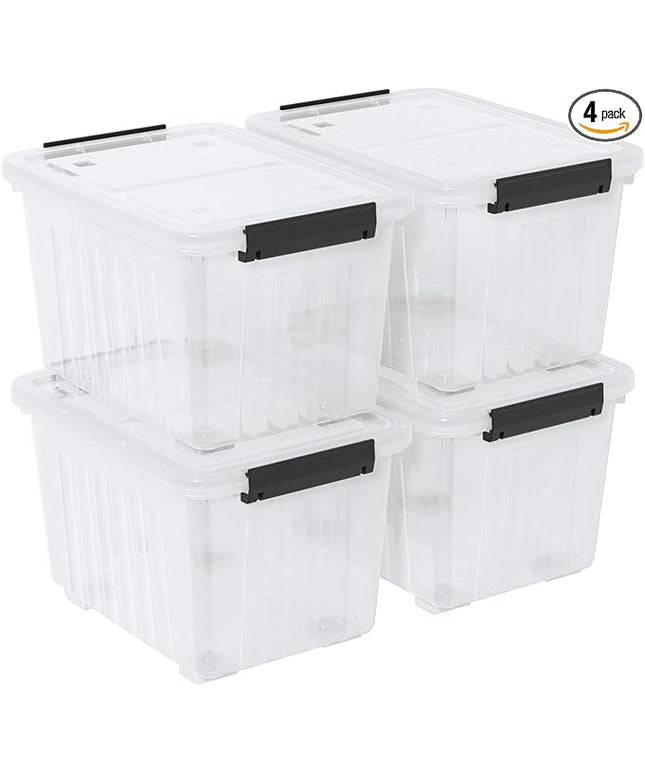 30 Quart Storage Boxes with Wheels, 4-Pack Clear Plastic Storage Bins with Lids