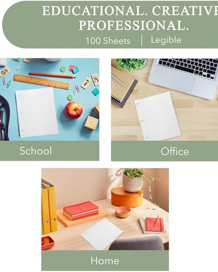 THREE LEAF 100 SHEETS WIDE RULED FILLER PAPER, PACK OF 6, LOOSE-LEAF SHEETS FOR SCHOOL AND OFFICE 100 CT. FILLER PAPER, NOTEBOOK PAPER