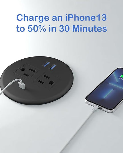 2 Pack Desktop Power Grommet,PD20W Fast Charging USB-C.3-inch Round Flush-Mount Desk Outlet,Meeoueoiu Recessed Grommet Outlet,3 USB Ports,2 AC Outlets,ETL Listed,6.5-FT Cord,Black
