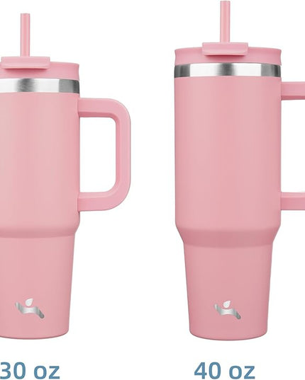 40 oz Tumbler with Handle and 2 Straws,2 in 1 Lid Insulated Water Bottle Stainless Steel Travel Coffee Mug,Pink