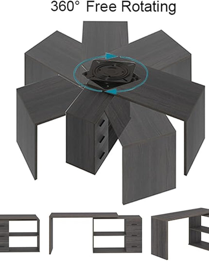 HSH L Shaped Computer Desk with Drawers, 360 Rotating L Shape Desk with Storage Cabinet Shelves, Industrial Home Office Desk for Executive Writing Study Work, Dark Wood Table Swivel Desk, Gray 55 Inch