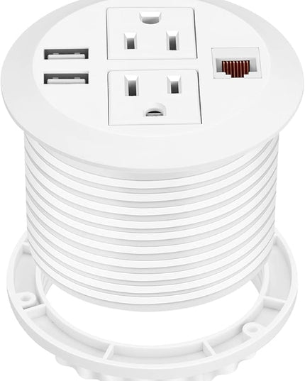 BTU Desktop Power Grommet with USB, 3 inch Hole Recessed Power Outlet, Flush Mount Power Strip Outlet with 2 AC Outlet & 2 USB Ports & 1 CAT6 & 10ft Power Cords for Table, Office, Home, Hotel, White
