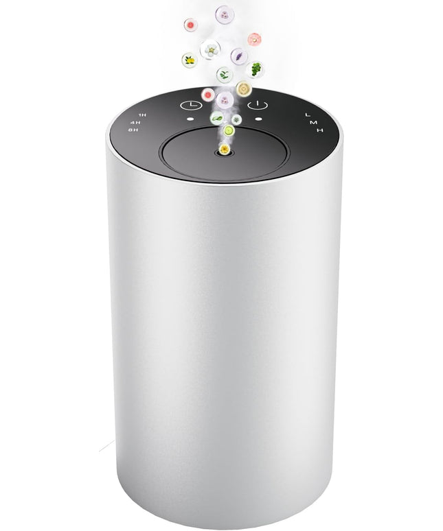 Essential Oil Diffuser with 3 Spray Modes, Battery Operated, LED Timing Display, Aromatherapy Diffuser, 1/4/8-Hour Timer, 10ml Oil Bottle, and 3 Mist Settings for Home, Car (New Silver)