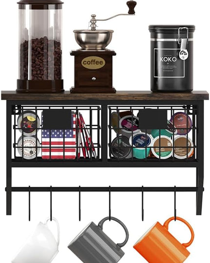 Helsin Industrial Wall Mounted Metal Wood Floating Shelves with Baskets Hooks Hanging Display Shelf Sundries Holder for Coffee Bar Kitchen Bathroom Organization and Home Decor, Black (16inch, 1 Set)