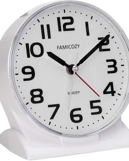 FAMICOZY 4.5" No Ticking Analog Alarm Clock,Silent Readable for Seniors,Easy to Set,Gradual Rise Alarm,Big Numbers,On/Off Switch on Side,Gentle Wake,Snooze Soft Backlight,Battery Operated,White