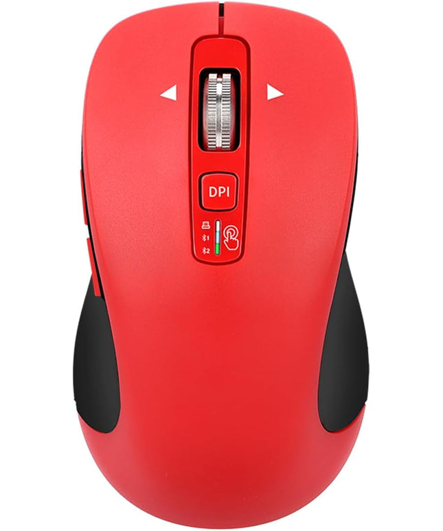 Wireless Bluetooth Mouse (USB + BT1 + BT2), Full Size, 4-Way Scrolling, Multi-Device Silent Mouse for Computer, Laptop, iPad, MacBook (Red)