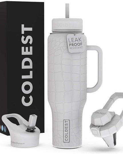 Coldest Tumbler with Handle and Straw - 100% Leak Proof Insulated Tumbler with Lid and Straw (3 Lids) - Stainless Steel Tumblers for Women & Men - Cup Holder Friendly Base, 46 oz (White Croc)