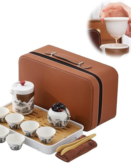 Portable Chinese Kung Fu Tea Set with Removable Infuser - 6 Cup Ceramic Travel Tea Set for Home, Office, or Outdoor Use