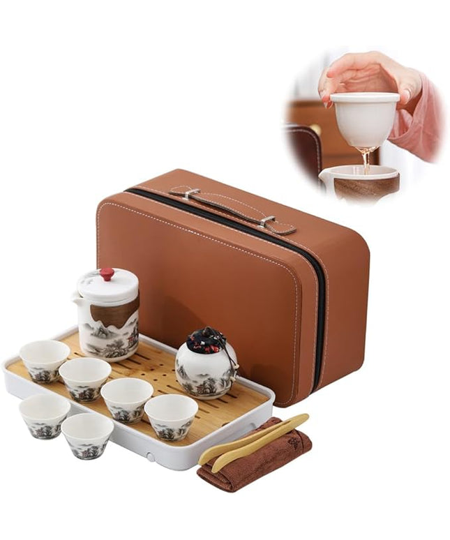 Portable Chinese Kung Fu Tea Set with Removable Infuser - 6 Cup Ceramic Travel Tea Set for Home, Office, or Outdoor Use