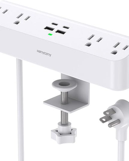 Desk Clamp Power Strip with PD30W USB-C, HANYCONY 5Ft Extension Cord, Desk Edge Mount Charging Station, Surge Protector with 4 Outlets 4 USB Ports(2 USB C), Home Office Accessories Essentials, White