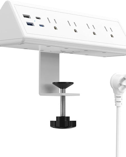 Jgstkcity Desk Clamp Power Strip,20W Fast Charging Station,Surge Protector Nightstand Edge Mount,1875W Extension Cord with Multiple Outlets,2 USB-C,2 USB-A,for Home Office (White, 6 FT)