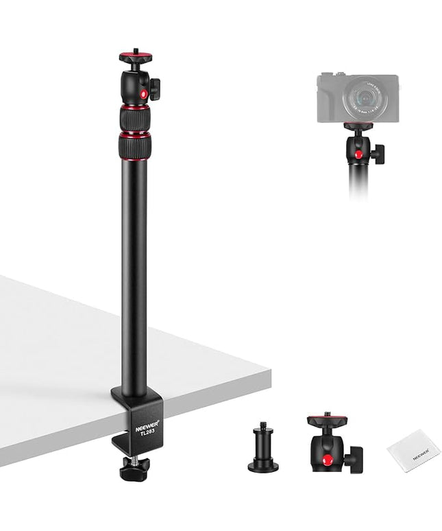 NEEWER Camera Desk Mount, Overhead Desktop Light Stand Microphone Boom Arm with Ball Head C Clamp Cleaning Cloth for DSLR Webcam Phone Holder Ring Light Mic Streaming Video Recording, Red TL283
