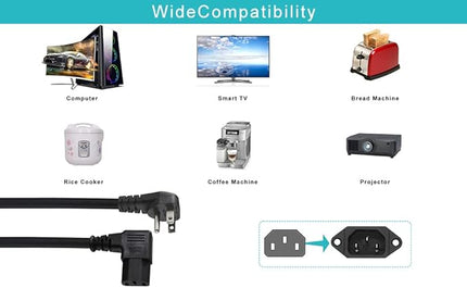 90 Degree Computer Power Cord Right Angle - 1FT Flat Plug NEMA 5-15 Plug to IEC C13 Power Cord,Universal PC Power Supply Cord 16AWG, Black C13 3 Prong Angled AC Power Cord for PC Monitor/TV(1FT)