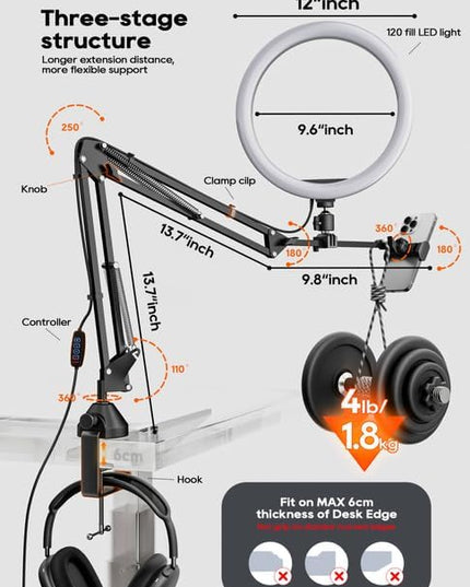 Upgrade Ring Light Overhead Phone Mount, 12”Circle LED Desk Ring Light with Clamp for Video Recording,Flexible Articulating Phone Arm Stand Compatible with iPhone,Live Streaming YouTube Tiktok