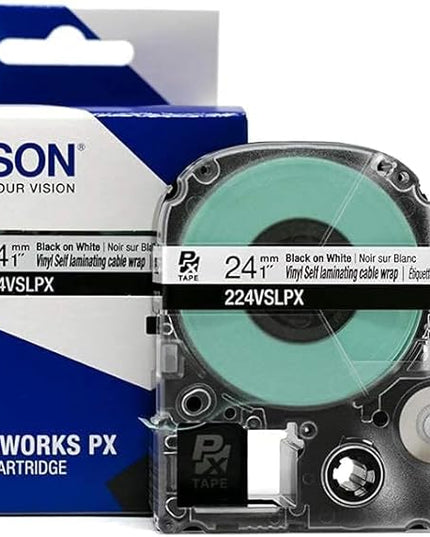 Epson LABELWORKS 224VSLPX-5PK Genuine Tape Cartridge - 5 Pack Black on White Flexible and Durable Vinyl Self Laminating Overwrap Industrial Label Maker Tape - 1" (24MM) Wide, 26.2 ft 5 Cartridges
