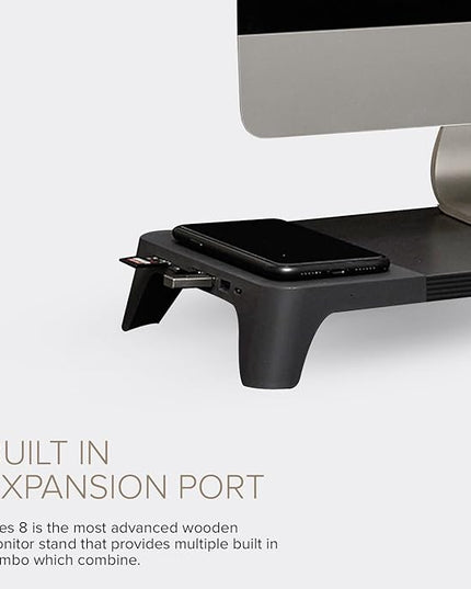 POUT E8 Wood Desk Monitor Computer Stand Riser Shelf + USB HUB + Qi Fast Wireless Charging Charger Pad Mat for Laptop, Apple, iMac, PC, iPhone, Samsung Galaxy, Airpod 2, Buds (Black)