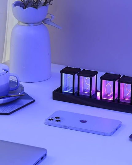 Adventurers Nixie Tube Clock , Digital Tube Desk Clock, Retro Modern Wooden Clock, LED Digital Clock, Full Color Custom RGB and 12/24h Display, The to Decorate The Room (4 Numbers)