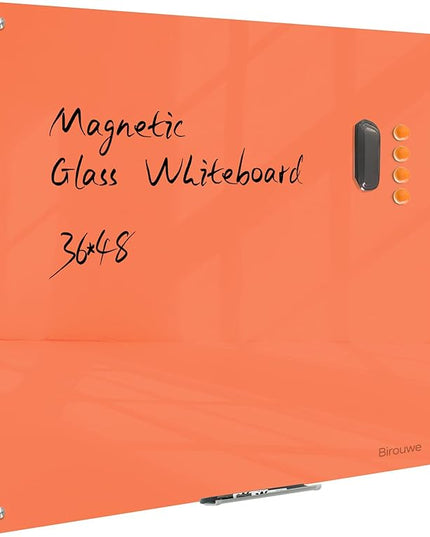 Magnetic Glass Dry Erase Board - White Board 48 x 36 Inch Wall Mounted Glass Whiteboard, Large Frameless Glass White Board for Wall Office, Home & School, Orange