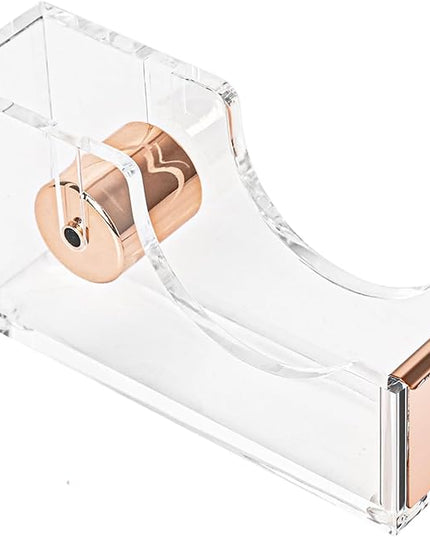 Gold Tape Dispenser, Clear Acrylic Desk Tape dispensers with Serrated Metal Edge, Modern Aesthetic Office & Craft Tape Organizer for Gift Wrapping, 1 Inch Core, Non-Slip Weighted Base