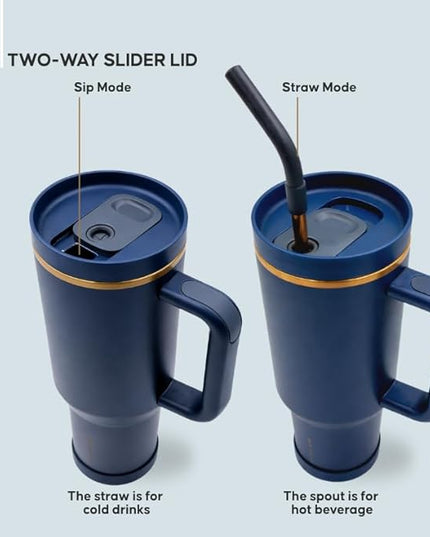 40oz Travel Tumbler Cup with Handle, Two-Way Slider Lid, Stainless Steel Straw with Silicone Tip, Vacuum Insulated Water Bottle for Hot & Cold Drinks, Great Gifts for Mom (Blue Gold)