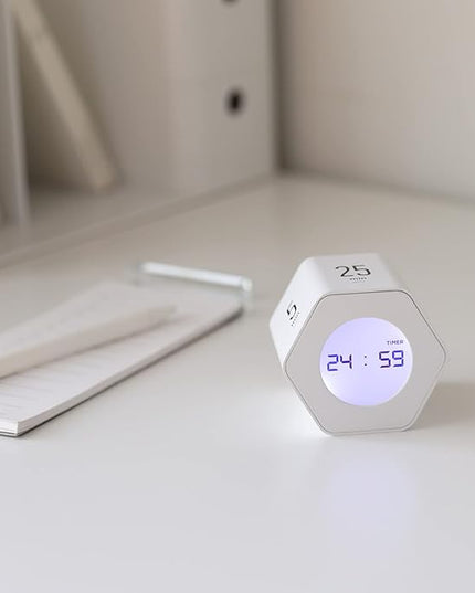 mooas Multi-Hexagon Clock Cube Timer, Digital Clock Time Timer, Pomodoro Timers, Backlit Display 12/24H Mode Count up & Countdown, Rotating Various time presets ideal for Classroom Gym Kitchen (White)