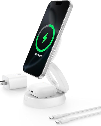 Belkin MagSafe Charger Compatible, 2-in-1 Qi2 Wireless Charging Station 15W, Convertible Charger for iPhone 17, Apple Watch, AirPods, Pixel 10, Portable Phone Stand for Travel w/ 30W Adapter - White
