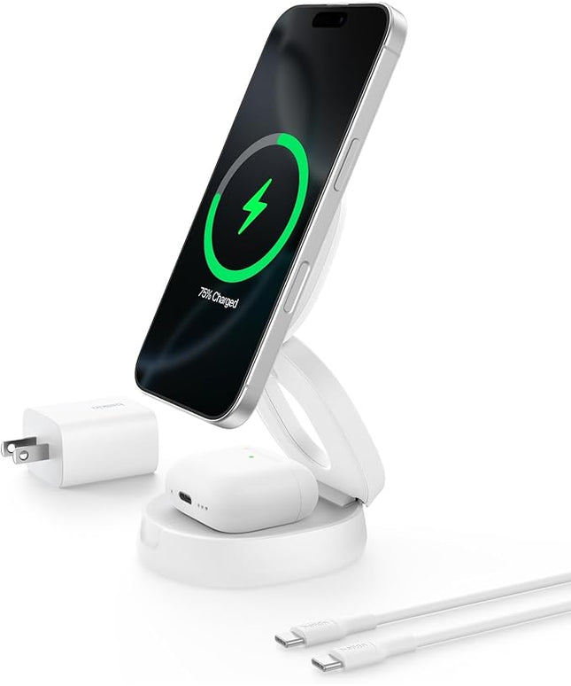 Belkin MagSafe Charger Compatible, 2-in-1 Qi2 Wireless Charging Station 15W, Convertible Charger for iPhone 17, Apple Watch, AirPods, Pixel 10, Portable Phone Stand for Travel w/ 30W Adapter - White