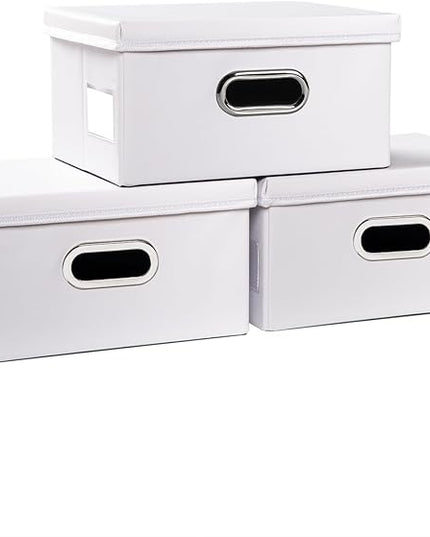 PRANDOM Collapsible Storage Box with Lid [3-Pack] Leather Fabric Foldable Storage Bin Organizer Container Basket Cube with Cover for Home Bedroom Closet Office Nursery White(13.6x9.6x6.9)