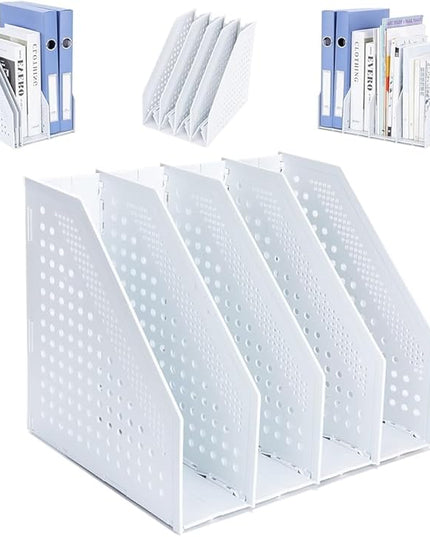 Collapsible Magazine File Holder with 4 Vertical Compartments Foldable Binder Holder for Desk Binder Storage Organizer Plastic Magazine Holders for Shelf, Light Gray