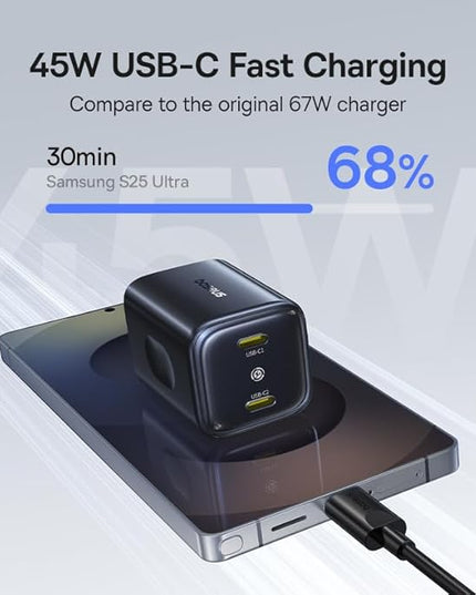 Baseus 45W USB C Charger, Dual Port PPS Fast Charging Block for iPhone 17/16/15 Series, iPad, Galaxy S25 Ultra and More Series