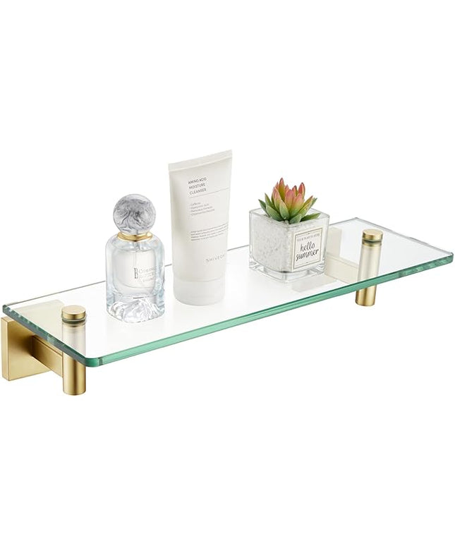 KOKOSIRI Wall Shelves Floating Shelf 12'' Stainless Steel Bathroom Hardware Tempered Glass Small Hanging Rack for Storage/Room Decor Gold B1105BG-L12