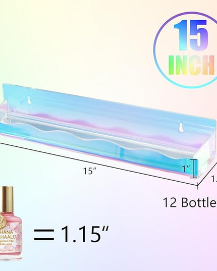 15" Nail Polish Rack Wall Mounted Floating Shelves Acrylic Paints Gel Polish Organizer and Storage with End Caps for Kid Room, Books, Nail Techs, Art Lovers, Great Display Salons, Rainbow