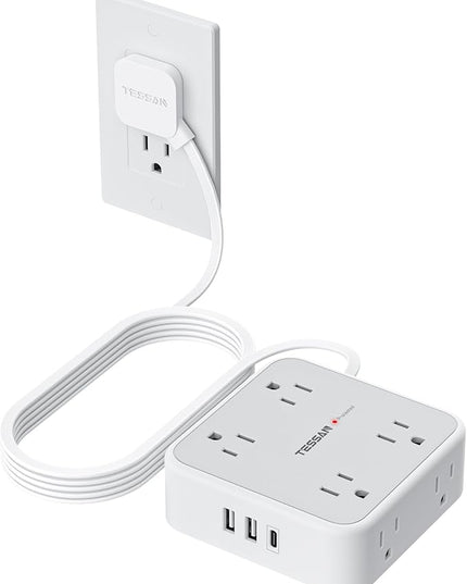 TESSAN 10 Ft Surge Protector Power Strip, 3 USB(1 USB C) 8 Outlets, Flat Plug Extension Cord with Multiple Outlets, 900J Protection, Desk Charging Station for Home, Dorm Room Essentials, Grey