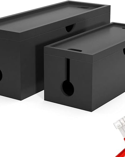 Bamboo Cable Management Box, Large Cord Organizer Box Cable Box to Hide Wires & Power Strips for Desktop Storage Cord Holder for Office Home,No Assembley Required (All Black, 2 Packs(M+L))