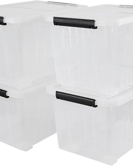 30 Quart Clear Plastic Latch Storage Bins with Wheels, 4-Pack Wheeled Clear Storage Totes