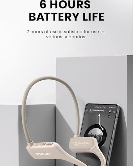 Bone Conduction Headphones, Open Ear Wireless Headphones with Microphone, Bluetooth 5.3, 6 Hours of Use Time, IPX5 and Sweat Resistant Sports Headphones for Outdoor, Workout, Cycling (Beige)
