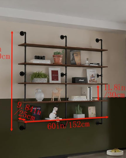 Industrial Pipe Shelf Shelving Bookcase, Wall Mounted Rustic Bookshelf 60 Inch, Floating Bookshelves for Wall,Retro Wood Metal Pipe Industrial Shelves for Living Room