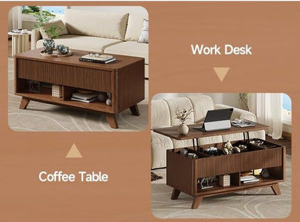 ONBRILL Farmhouse Lift Top Coffee Table, Mid Century Modern Coffee Table with Hidden Storage Compartment, Fluted Rising Pull up Wood Modern Center for Living Room, Office, Walnut
