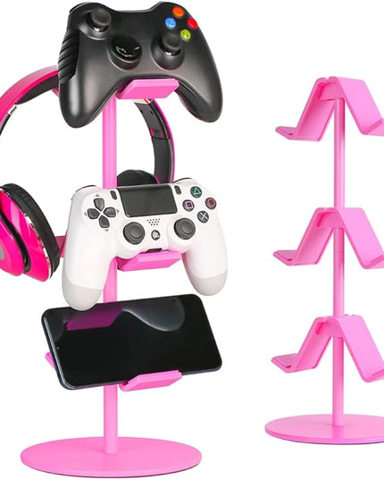 Controller Holder Pink,Headphone Stand,3 Tier Multi Adjustable Game Controller Headset Hanger for All Universal Gaming PC Accessories, Xbox PS4 PS5 Nintendo Switch(Cute Pink)