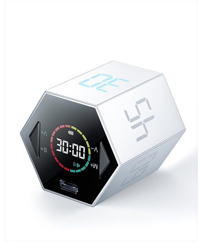 Pomodoro Timer Cube, Hexagon Productivity Timer, Pause & Resume, Silent, Vibrate & Adjustable Sound Alert, for ADHD, Task, Work, Study, 5/15/25/30/45/60min & Custom Countdown,Silver