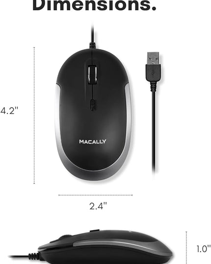 Macally Silent Wired Mouse - Slim & Compact USB Mouse for Apple Mac or Windows PC Laptop/Desktop - Designed with Optical Sensor & DPI Switch - Simple & Comfortable Wired Computer Mice (Space Gray)