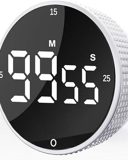 Upgrade Digital Kitchen Timer - Magnetic Countdown Countup Visual Pomodoro Timer with Large LED Display, 3-Preset Times (5, 15, 25), 3 Volume Levels, Ideal for Cooking, Baking and Fitness (1, White)