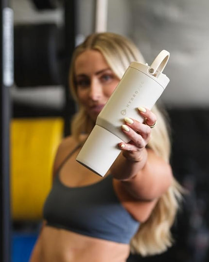HydroJug Sport - Stainless Steel Tumbler with Straw, Vacuum Insulated, 20oz Leakproof Water Bottle, Ergonomic Design, Reusable, Dishwasher Safe, Rubber Base, Durable for Gym or Outdoors, Cream