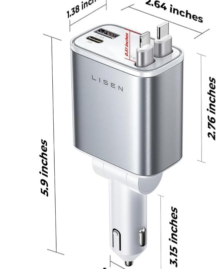 LISEN White Retractable Car Charger, for Gifts for Him Her, for iPhone 17, Cute 4 in 1 Retractable USB C Car Charger for Women, 75W Fast Charging Car Accessories for iPhone & Samsung S26 & Android