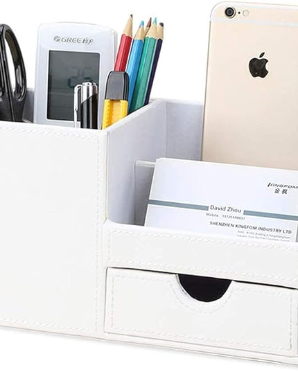 KINGFOM Desk Organizer Office Supplies Caddy Pu Leather Multi-function Storage Box Pen/Pencil,Cell phone, Business Name Cards Remote Control Holder with Small Drawer White